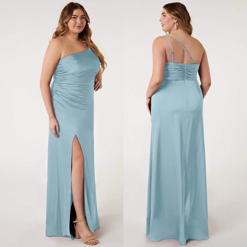 Azazie Eren Fitted One Shoulder Stretch Satin Bridesmaid Dress in Moody Blue NWT - Picture 3 of 15